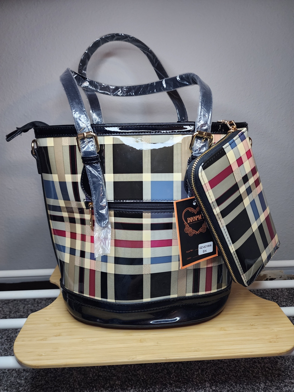 Diophy Plaid Patent Tote Bag with Matching Wristlet - Black Trim